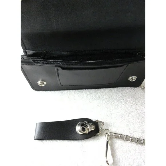 Men's Genuine Leather Skull Skeleton Trucker Snap Chain Wallet Black USA Made - Picture 6 of 7